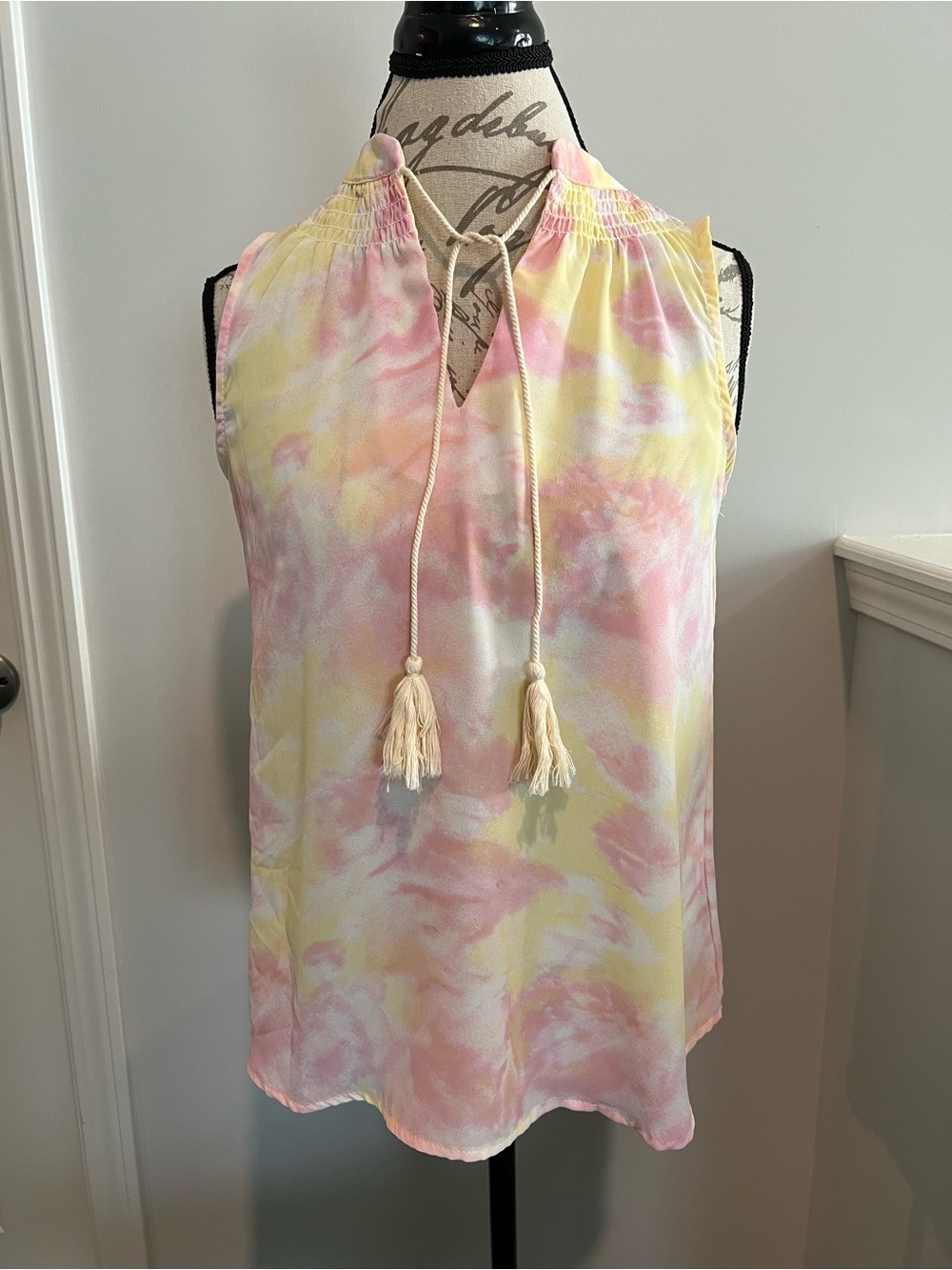 Tie-Neck Sleeveless Blouse in Pink & Yellow Tie-Dye